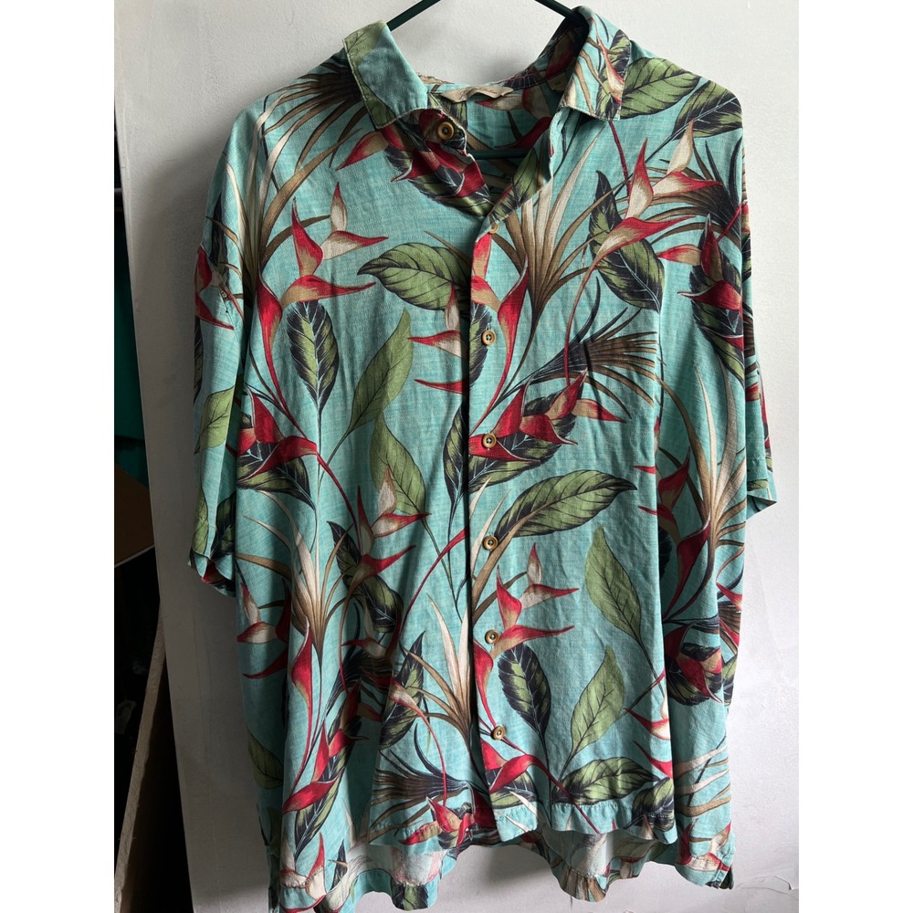 Paradise Collection Mens XXL Silk Hawaiian Shirt Bird of Paradise Tropical Teal